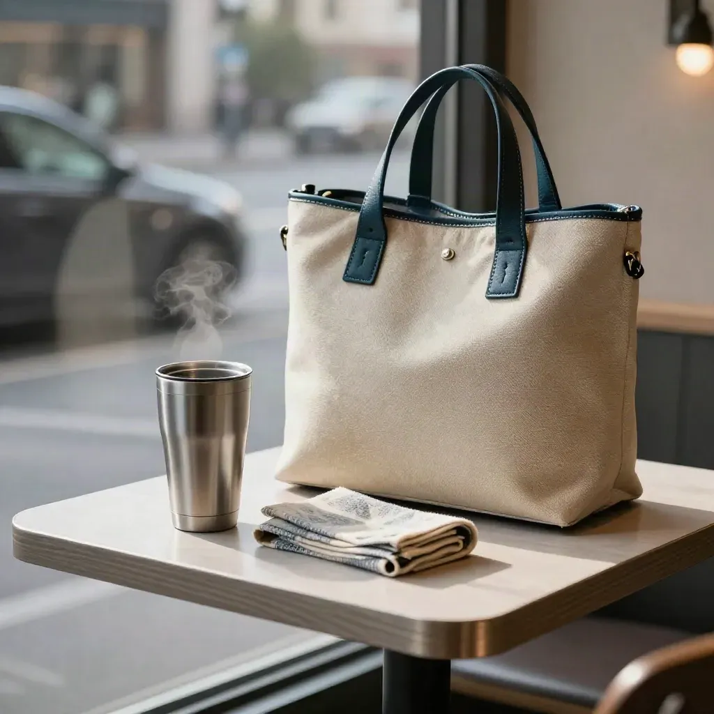 Travel mug, tote and scarf on a café window table with steam fading past the street blur.