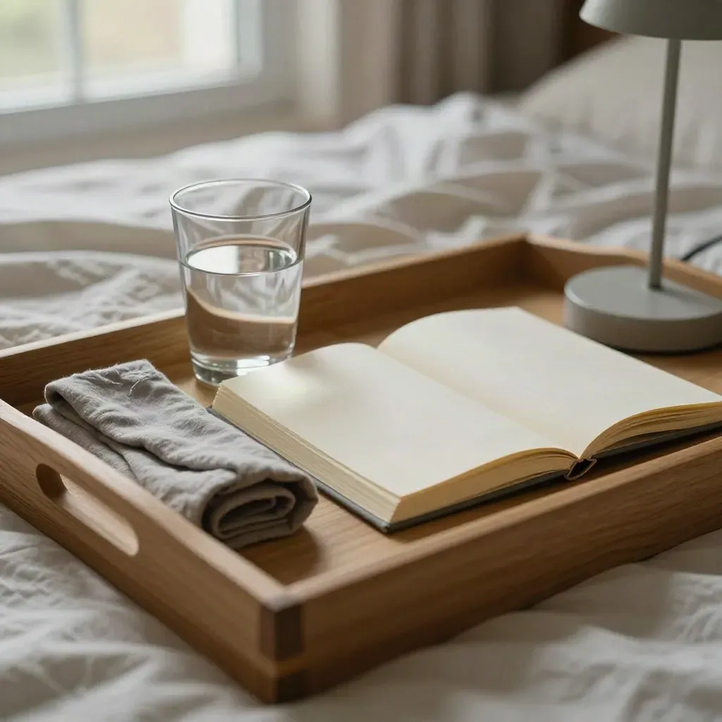 Bedside tray with linen, water glass, journal and lamp base in soft dawn light.