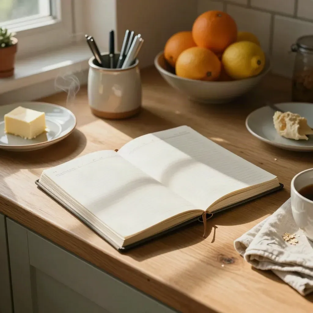 A planner, citrus bowl, and breakfast dishes on a sunlit kitchen counter in a calm Sunday reset scene.