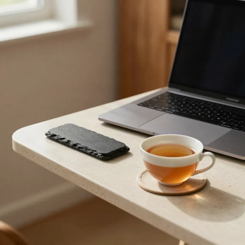 Closed laptop, worry stone, and half-finished tea on a narrow desk in soft window light.