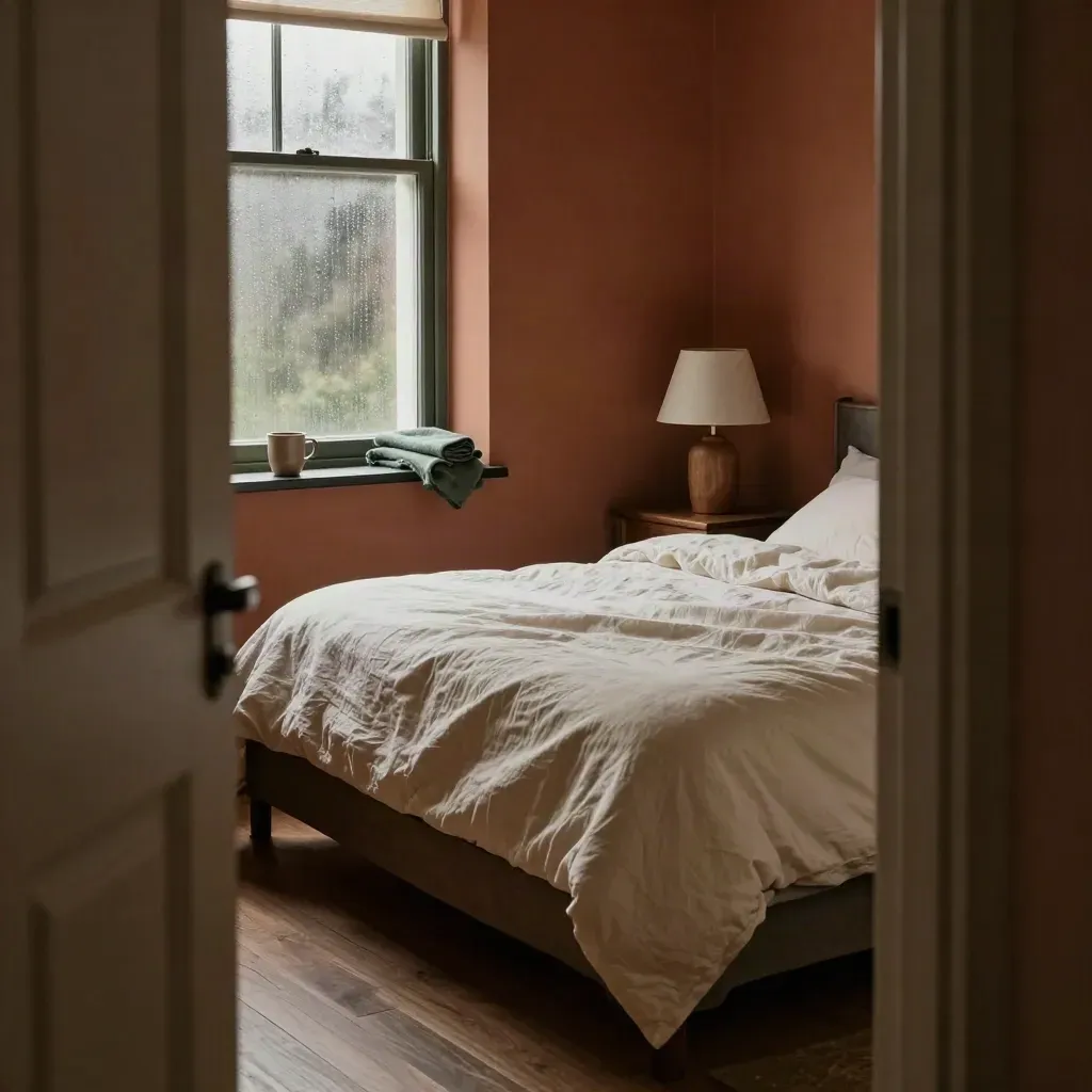 Unmade bedroom corner at night with lamp off and mug on the windowsill.