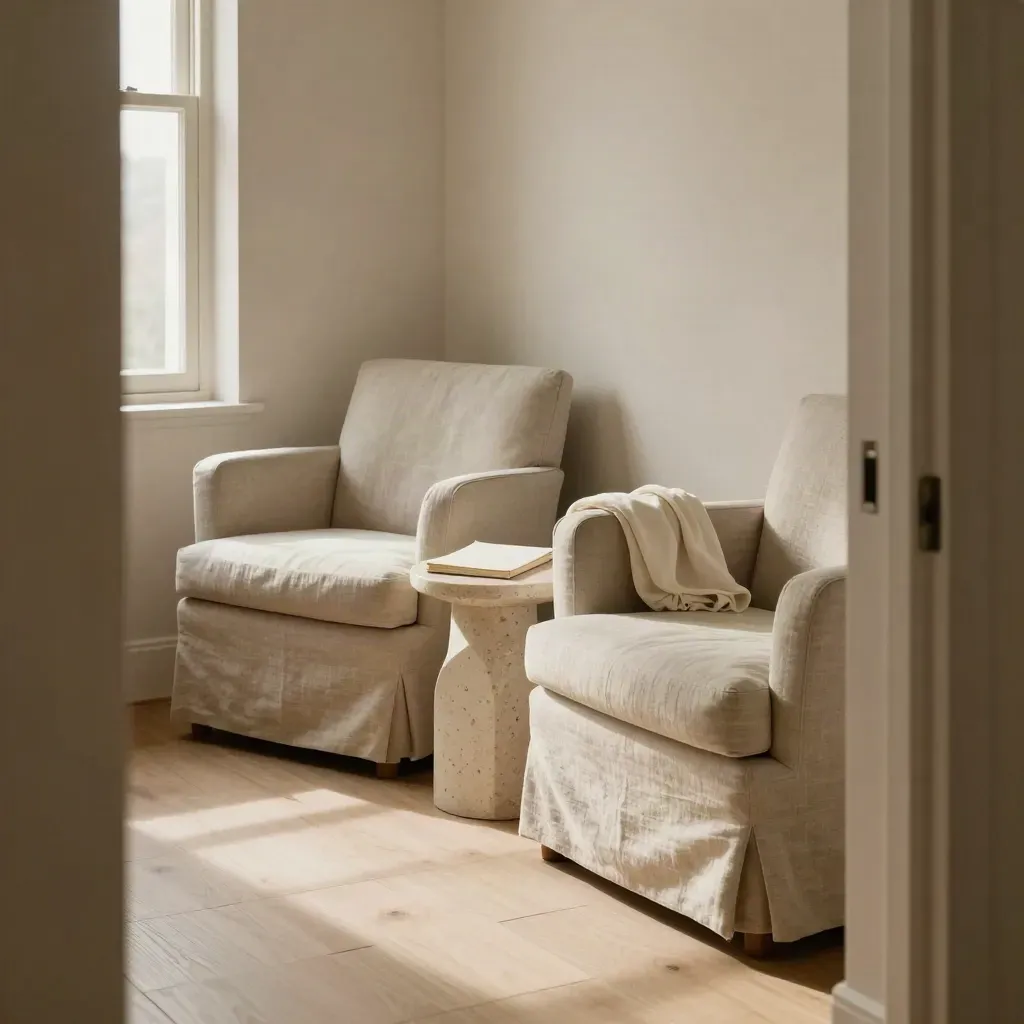 Two chairs and a travertine side table in a calm coaching corner with a blank notepad