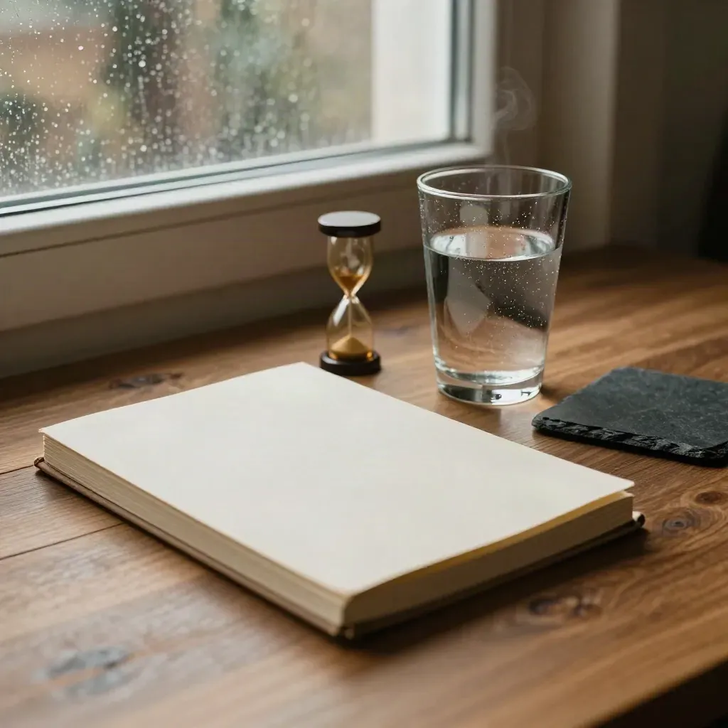 Desk by a window with notebook, water glass, hourglass, and slate coaster in soft afternoon light