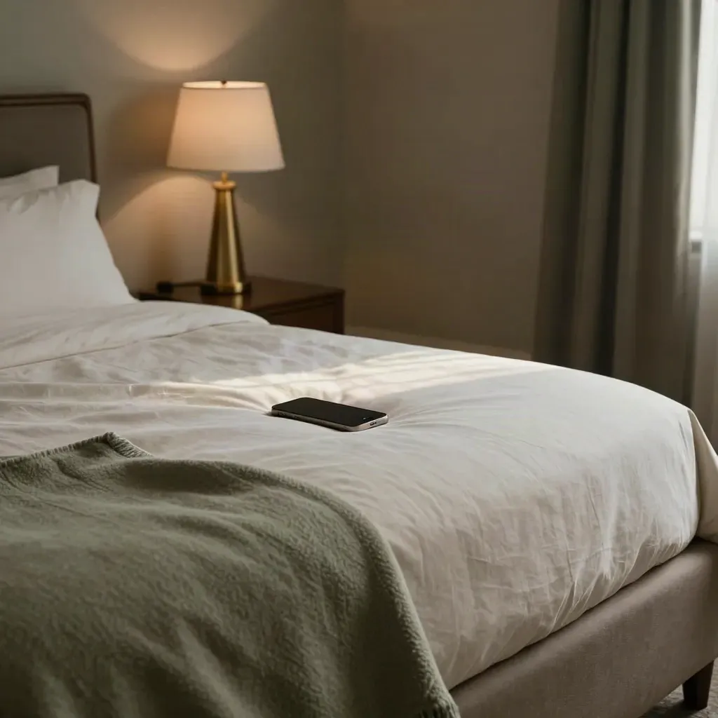 Face-down phone, switched-off lamp, and folded sage blanket on a quiet bed