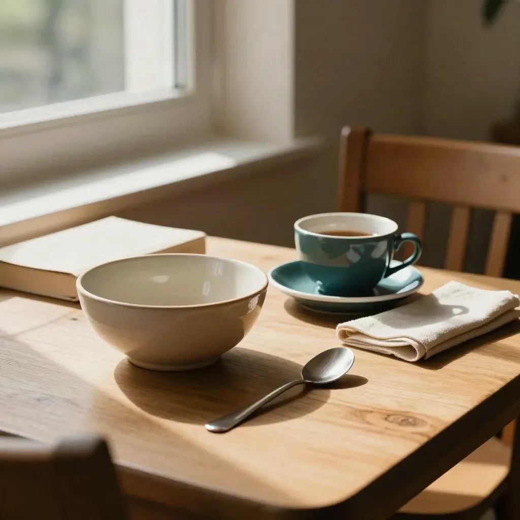 Sunlit lunch nook with tea cup, ceramic bowl, and closed book by a window.