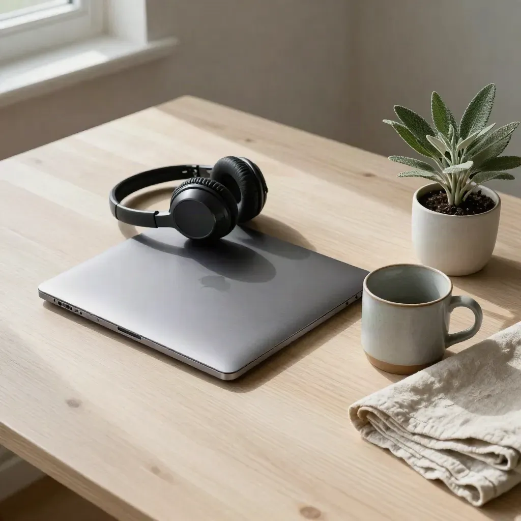 Closed laptop, headset, mug and plant on a pale oak desk in soft window light
