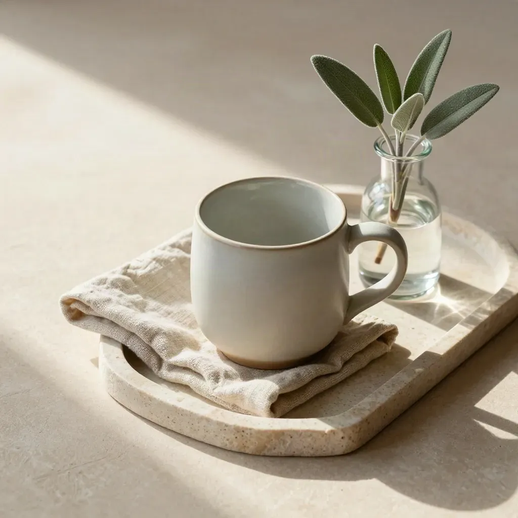 Ceramic mug with linen and sprig on a stone tray in soft morning light.