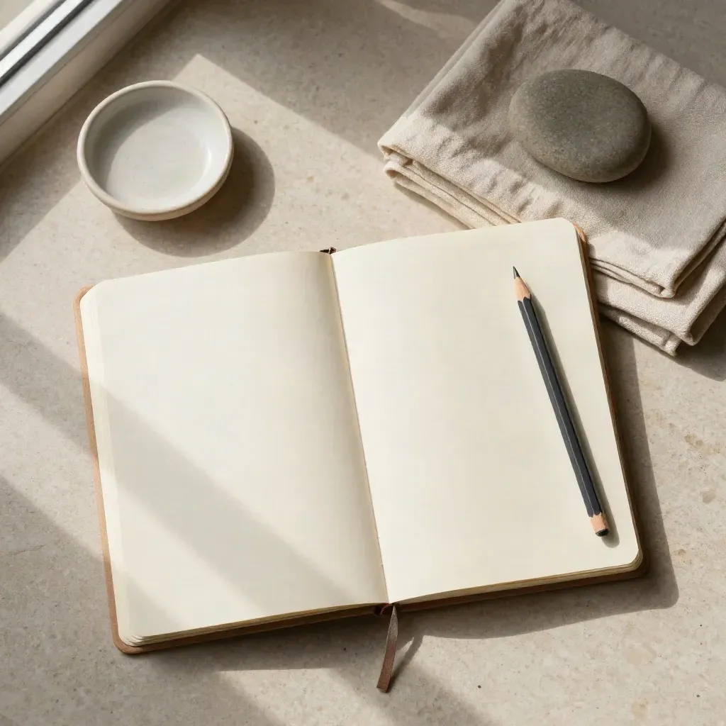 Overhead flatlay of notebook, pencil and stone on linen with soft daylight.