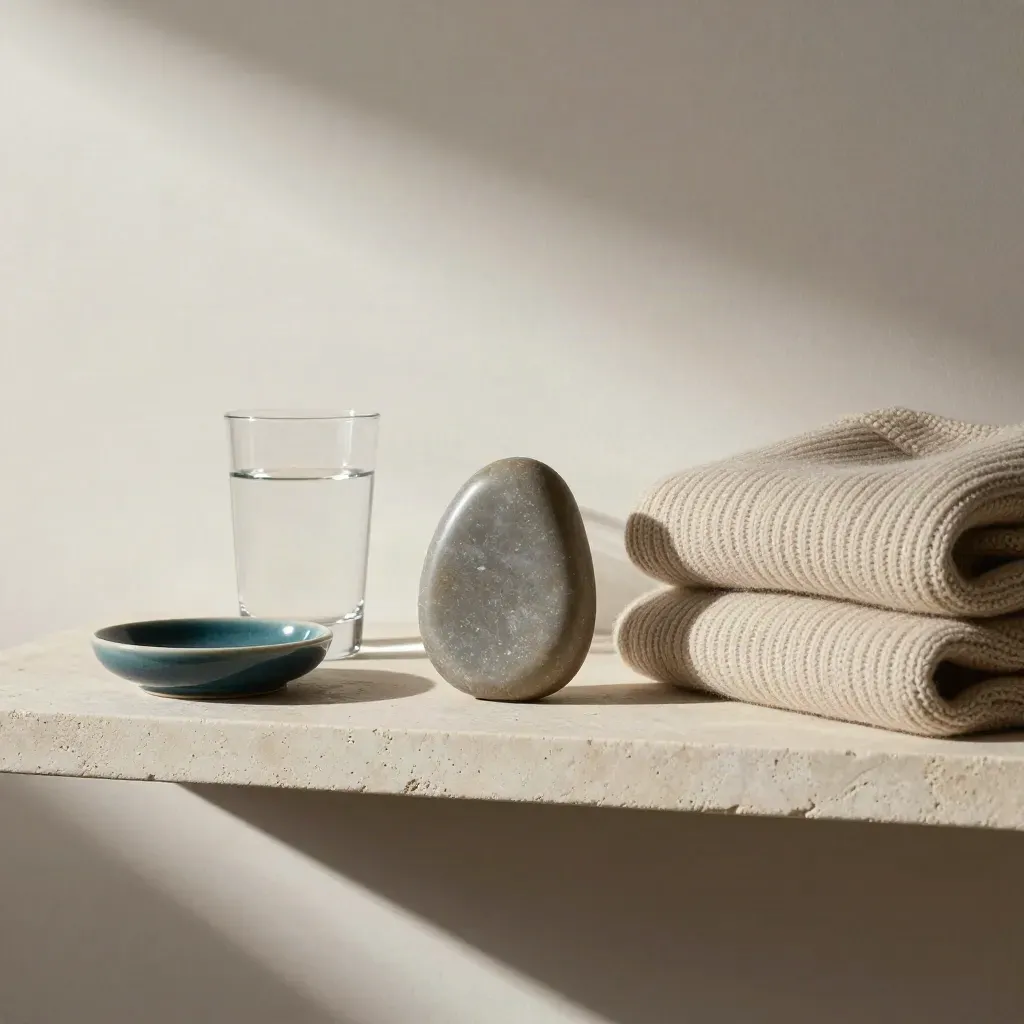 Worry stone beside a folded sweater and glass of water on a stone shelf in soft window light